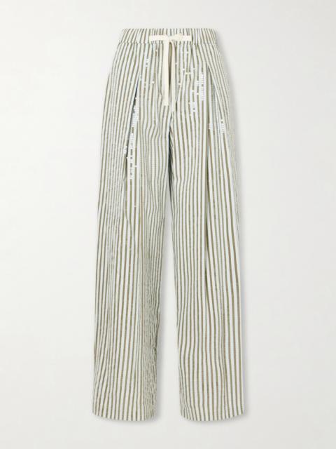 TWP Pj Sequin-trimmed Striped Cotton-blend Wide-leg Drawstring Pants