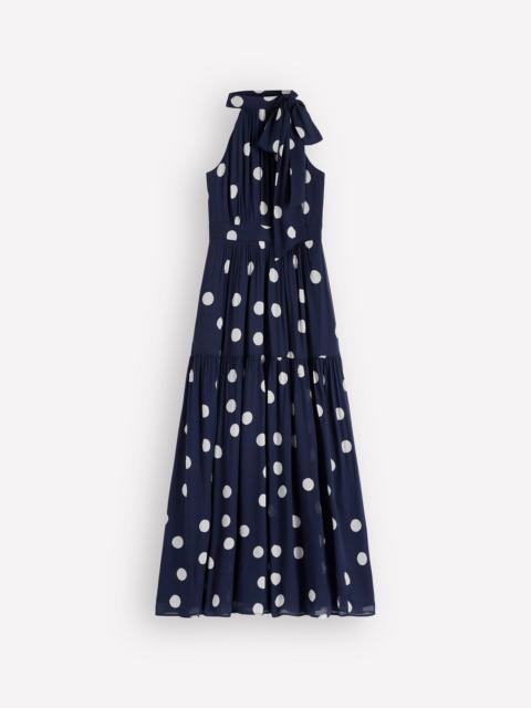 BODEN Roisin Tie Neck Maxi Dress-Navy Painted Dot Spaced