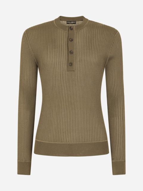 Ribbed viscose granddad-neck sweater