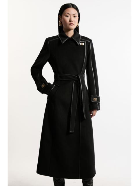 KAREN MILLEN Petite Brushed Wool Pu Trim Belted Tailored Double Breasted Midi Coat