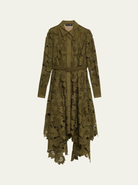 Oscar de la Renta Floral Embroidered Handkerchief Midi Dress