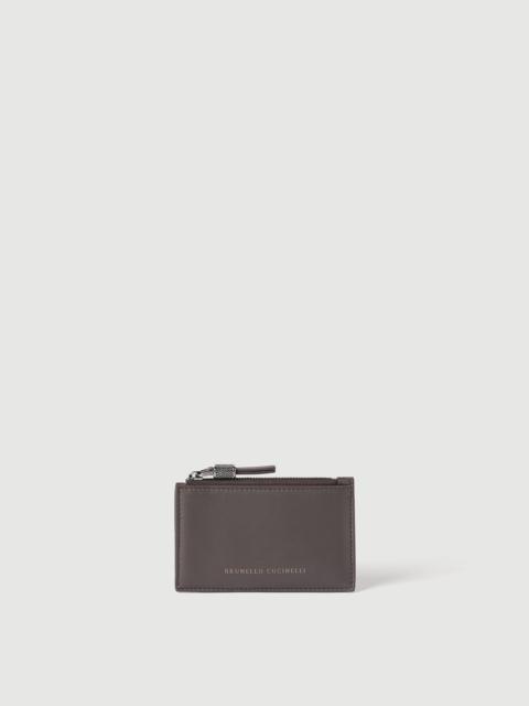 Brunello Cucinelli Calfskin card case with shiny zipper pull