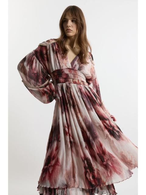 KAREN MILLEN Crinkle Floral Woven Midi Dress With Balloon Sleeve And Embellishment