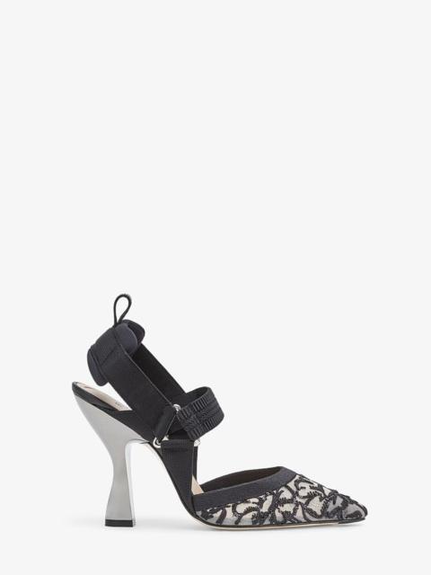 FENDI Black embroidered mesh high-heeled slingbacks