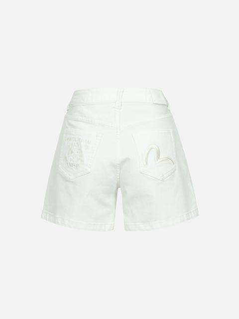 EVISU LUCKY CAT AND SEAGULL EMBROIDERY WHITE DENIM SHORTS