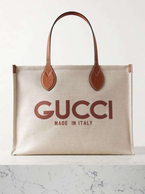GUCCI Leather-trimmed printed canvas tote Brown