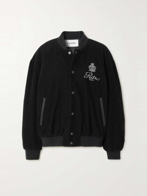 FRAME + Ritz Paris embroidered leather-trimmed cotton and wool-blend corduroy bomber jacket