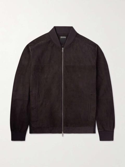 Leather-Trimmed Suede Bomber Jacket