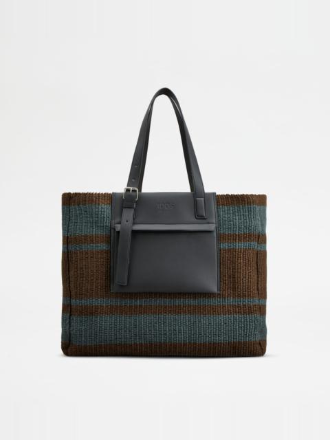 Tod's SHOPPING BAG IN CORD AND LEATHER MEDIUM - BLACK, BROWN, BLUE