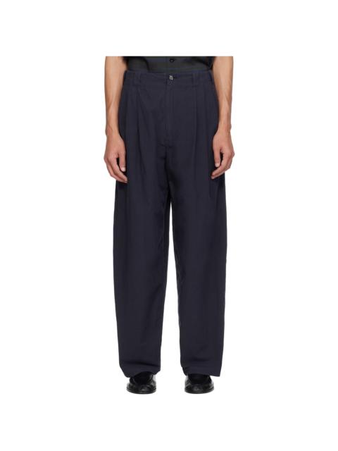 YOKE Navy Cotton Typewriter Garment-dyed 3pleated Tapered Trousers