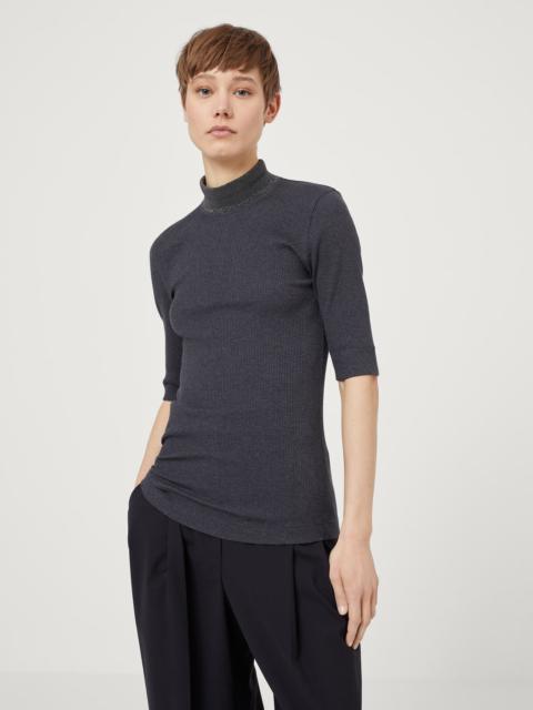 Brunello Cucinelli Comfort cotton ribbed jersey top with precious ribbed collar