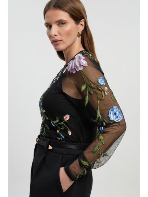 KAREN MILLEN Placed Floral Embroidered Mesh Long Sleeve Woven Top