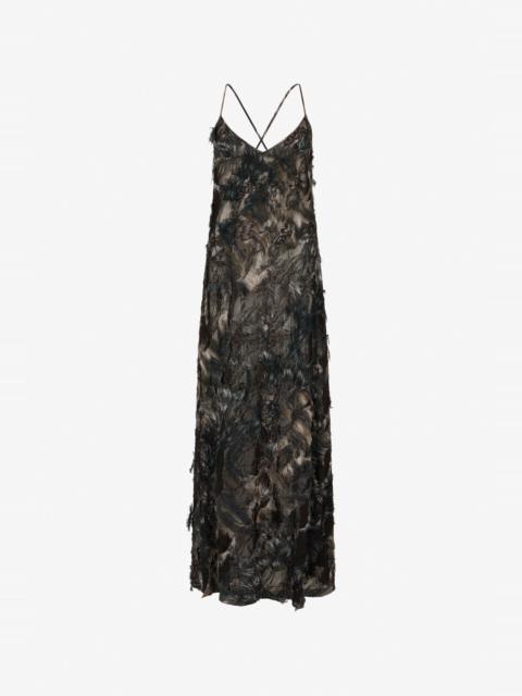 Roberto Cavalli Midi Dress with Fur Print on Destroyed-Effect Lace