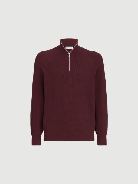 Brunello Cucinelli Cotton English rib sweater with half zip and raglan sleeves