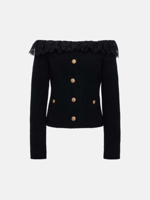 Alessandra Rich TWEED BOUCLE OFF THE SHOULDER JACKET W/LACE RUFFLE