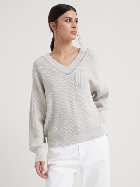 Brunello Cucinelli Cotton English rib sweater with shiny neckline