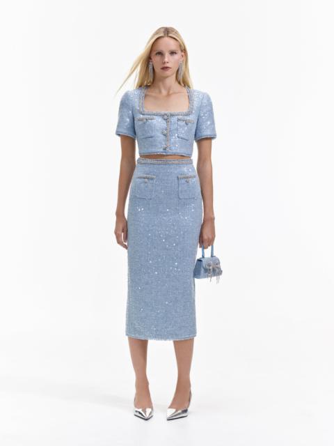 self-portrait Blue Sequin Boucle Midi Skirt