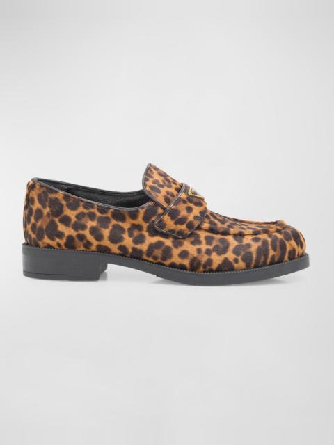Prada Leopard Calf Hair Triangle Loafers