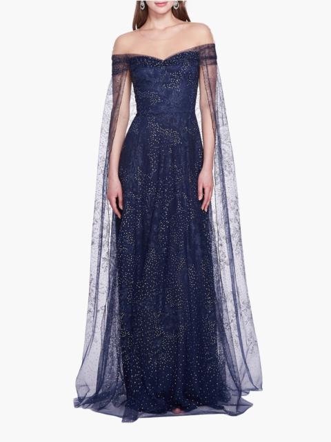 Marchesa OFF-SHOULDER GLITTER CAPE GOWN