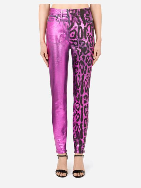 Foiled denim jeans with neon leopard print