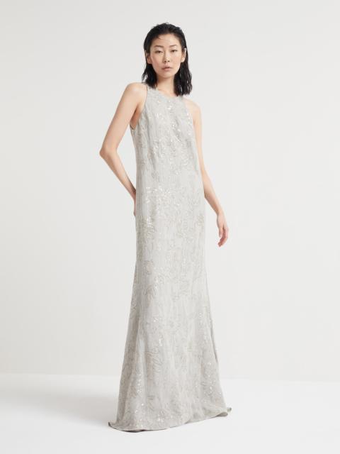 Linen gauze dress with dazzling flower embroidery