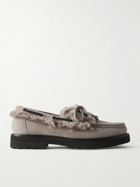 Brunello Cucinelli Bead-embellished shearling-trimmed suede loafers Light gray