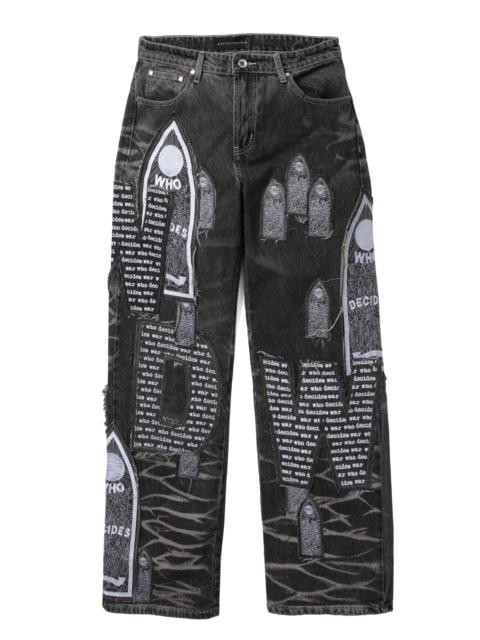 WHO DECIDES WAR MOTIF PATCHED DENIM