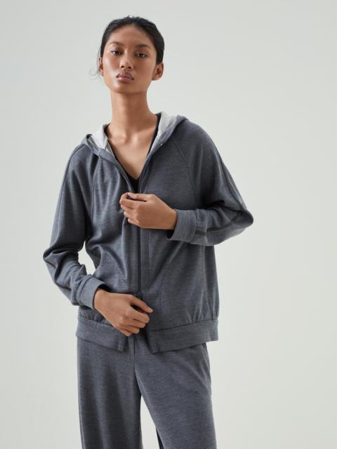 Cotton and silk interlock hooded sweatshirt with precious stripe