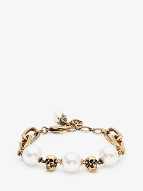 Alexander McQueen Pearl-like Skull Chain Bracelet in Antique Gold