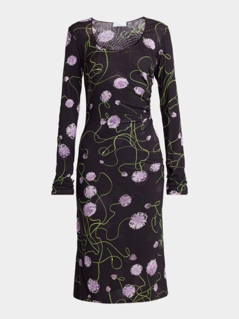 Stella McCartney Twisted Flower-Print Ruched Mesh Long-Sleeve Dress