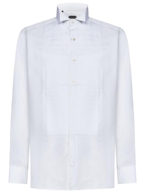 Optical white cotton and silk tuxedo shirt with pleated plastron and wing collar.