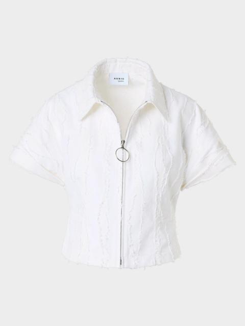 AKRIS Fringed Denim Short-Sleeve Crop Zip Jacket