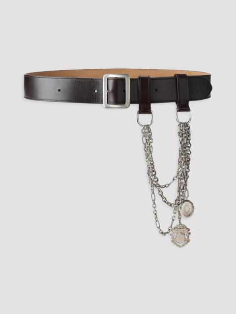 Ralph Lauren Women's Chain-Trim Washed Leather Wide Belt - Luggage Brown Antique Silver Brown