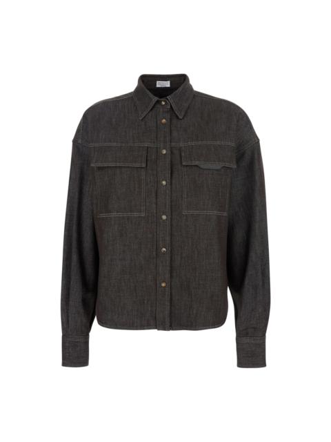 Brown Shirt With Classic Collar And Monil Detail On The Pocket In Cotton Blend Woman