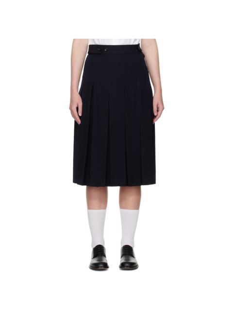Navy Wool Pleated Waist Button Midi Skirt
