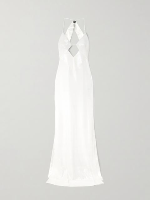 GALVAN Kite Cutout Sequined Satin Maxi Dress