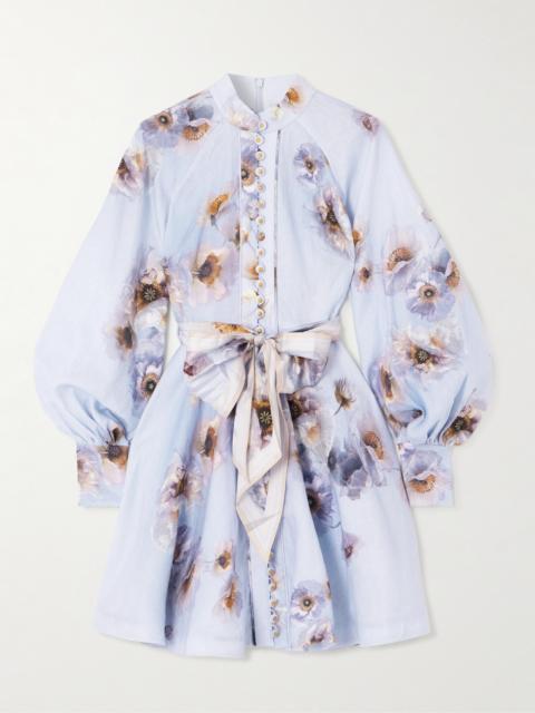Zimmermann Belted Floral-print Silk-trimmed Linen Mini Dress