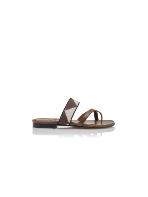 Manolo Blahnik Brown and Cream Cotton Crossover Flat Sandals