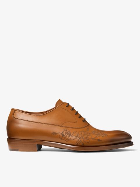 JIMMY CHOO Vine Lace Up Tan Vintage Effect Leather Lace-Up Shoes with Rose Motif