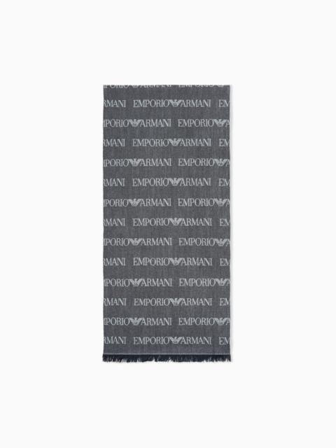 EMPORIO ARMANI SCARF WITH REPEATING LOGO PATTERN AND FRINGED EDGES