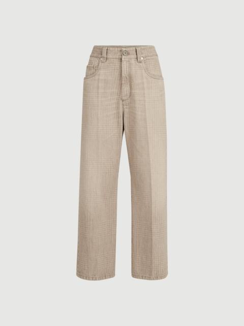 Brunello Cucinelli Prince of Wales denim contemporary square trousers with monili
