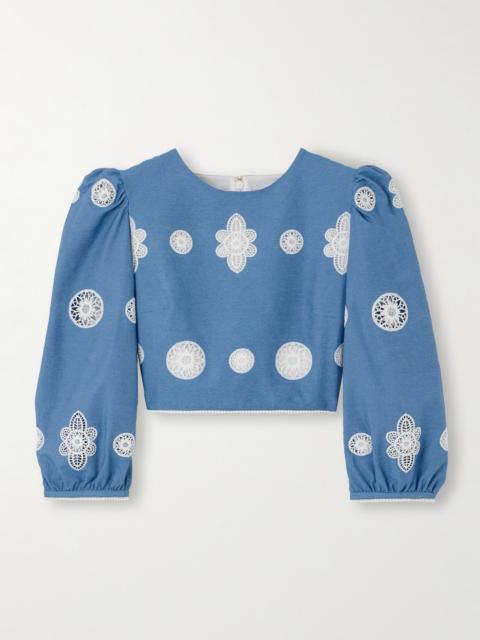 BORGO DE NOR Crocheted Lace-trimmed Chambray Top