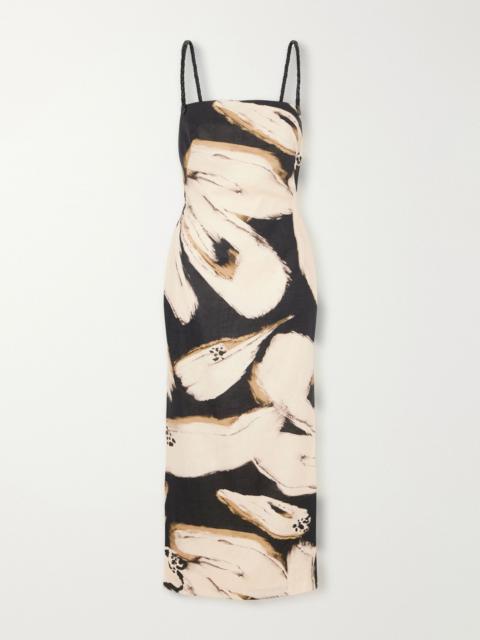 ANDRES OTALORA Lo No Dicho tassel-detailed printed linen midi dress Brown