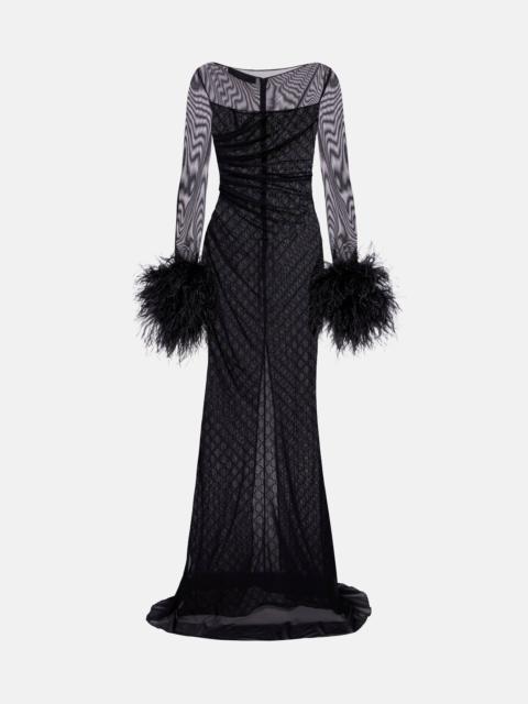 GUCCI GG feather-trimmed sheer gown