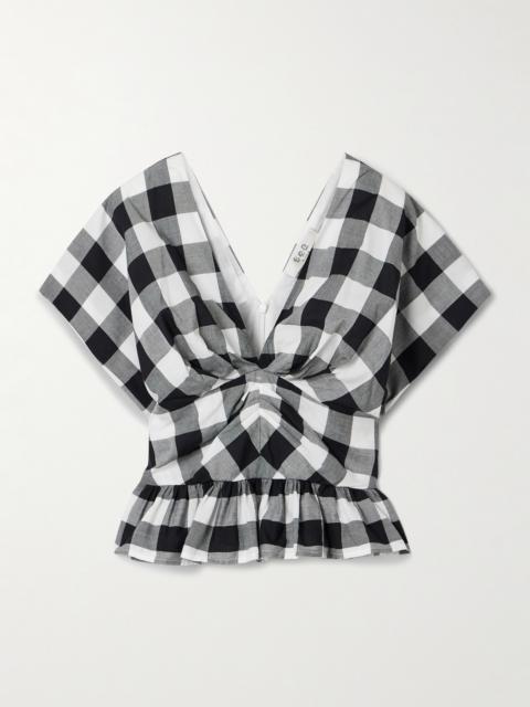 Sea Gathered Gingham Cotton-poplin Peplum Top