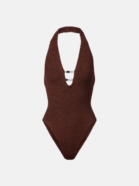 Hunza G Adriana embellished halterneck swimsuit