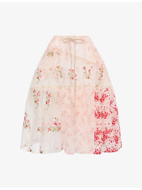 Simone Rocha Floral-Embroidered Sheer Midi Skirt