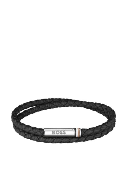 BOSS DOUBLE-BRAIDED BLACK CUFF WITH LOGO CLOSURE