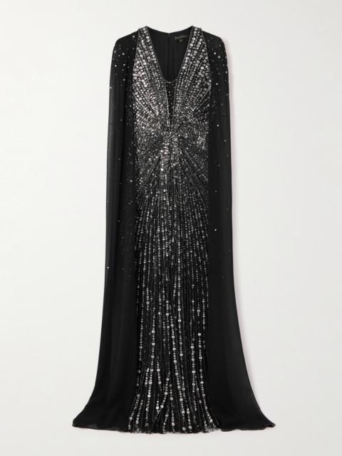JENNY PACKHAM Zenith Cape-effect Embellished Chiffon Gown