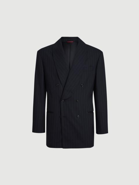 Brunello Cucinelli Super 150s virgin wool chalk stripe one-and-a-half breasted tuxedo jacket with shawl lapels